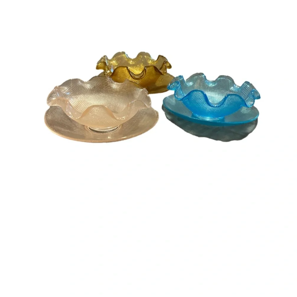 Serving Bowls/Saucers Waffle Pattern Blue, Pink, Gold.
